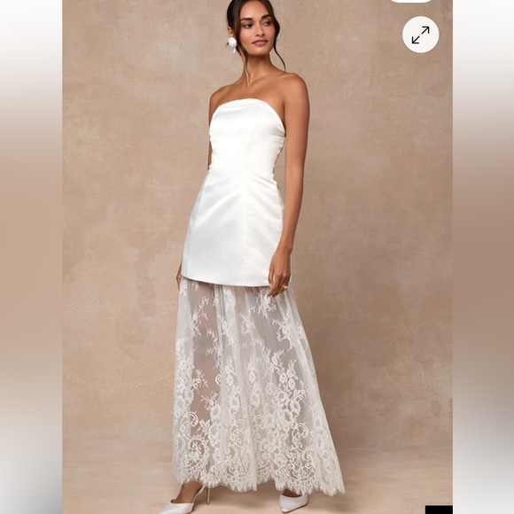 Lulus Dresses & Skirts - Lulus Winslet Strapless White satin sheer hem lace maxi Dress size M, XL new
